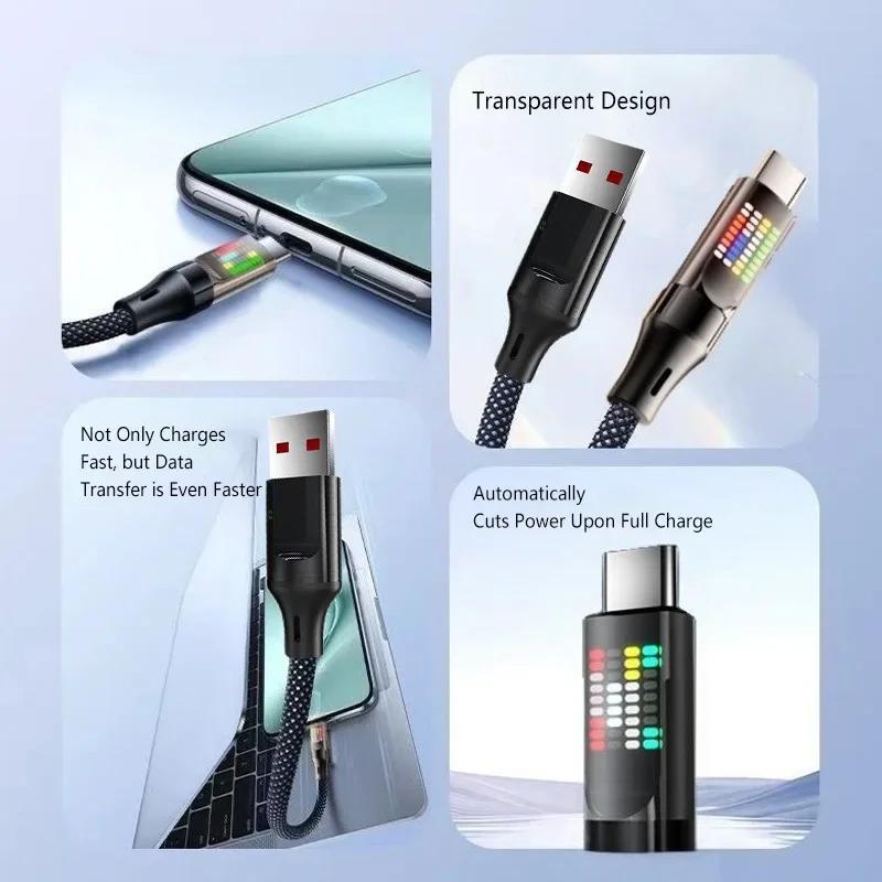 Кабель 111 Вт 6 А Super Fast Charging USB-A на Type-C Нейлоновый Дата-кабель с цветным светодиодным дисплеем USB C Кабель для Xiaomi Samsung 1 шт.