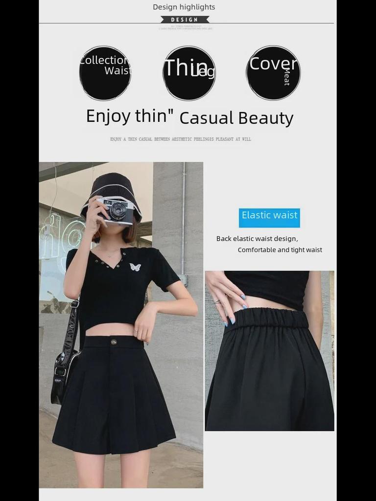 Женские шорты А-силуэта с широкими штанинами и складками 2023 года: Эластичный пояс, облегающий крой, повседневный летний стиль