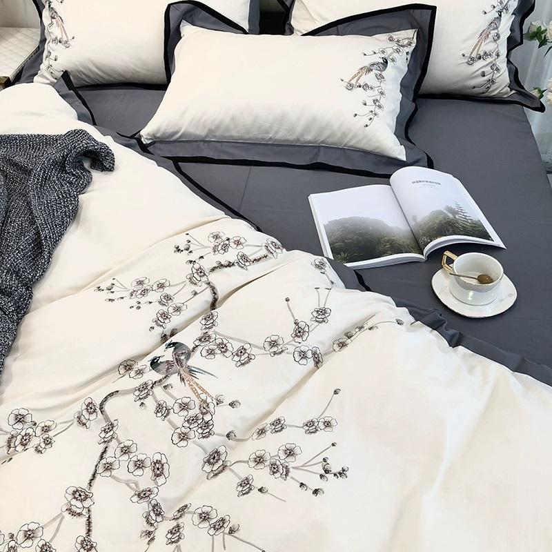 Luxury Embroidery 100S Bedding Set 100% Cotton Classical Wide Edge Duvet Cover 4PCS with Flat Sheet Pillowcases King Queen Size