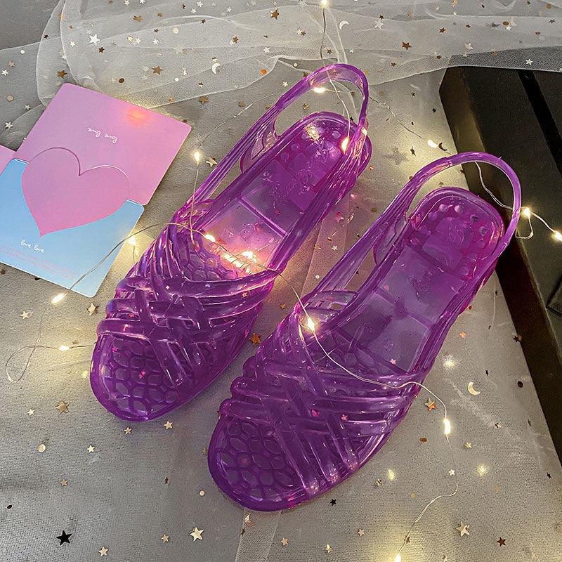 Sandals for Women with Low Heels Footwear Plastic Ladies Shoes Crystal Summer 2024 Outdoor Jelly Pvc Trend Korea On Offer Casual