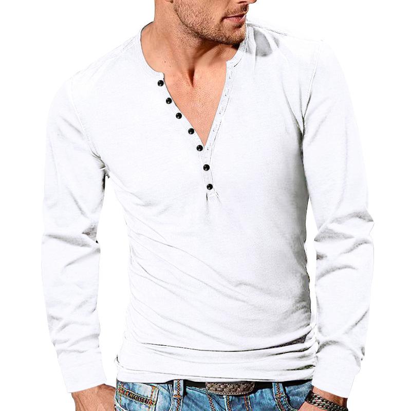 Men's Spring and Autumn Vintage Long-sleeved T-shirt Casual Button V-neck Slim Solid Color T-shirt