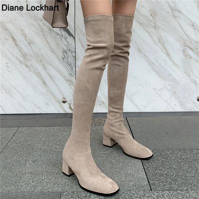 Модные ботфорты женские Осень Зима Новые Высокие Ботас Мухер Хаки Замшевые Туфли-носки на высоком каблуке Черные