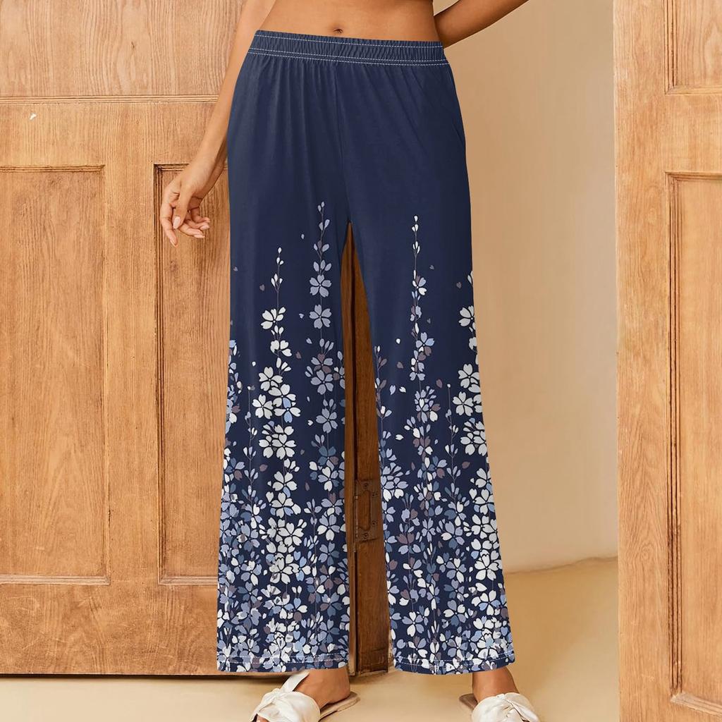 Женские повседневные брюки прямого кроя с эластичным поясом и принтом