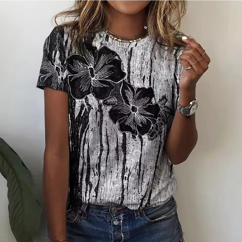 Summer Round Neck 3D Flower Print Top Fashionable Casual Short Sleeved Women's T-shirts