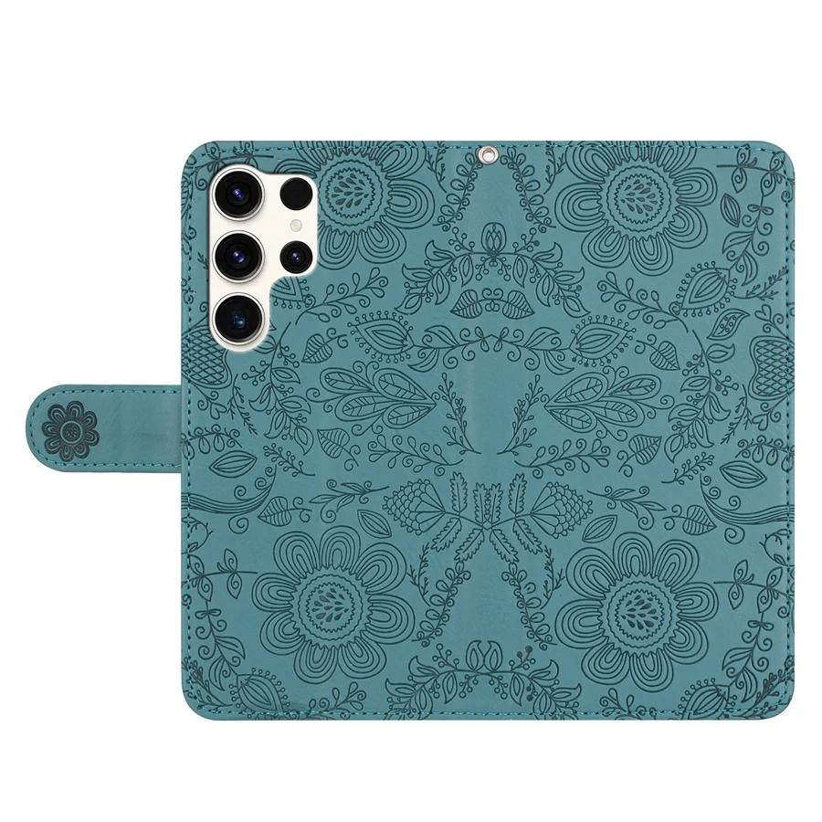 Чехол-кошелек с тиснеными цветами для Samsung Galaxy S24 S23 S22 S21 A55 A35 A15 A54 A34 A14 A33 A53 A13 A12 Чехол-книжка с браслетом