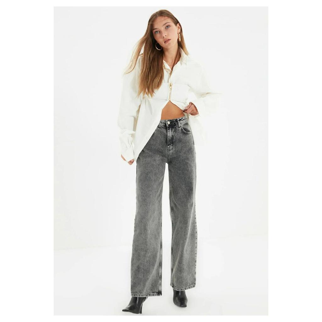 Women's Blue Snow Wash High Waist Five Pocket Wide Leg Loose Palazzo Jean Denim Trousers