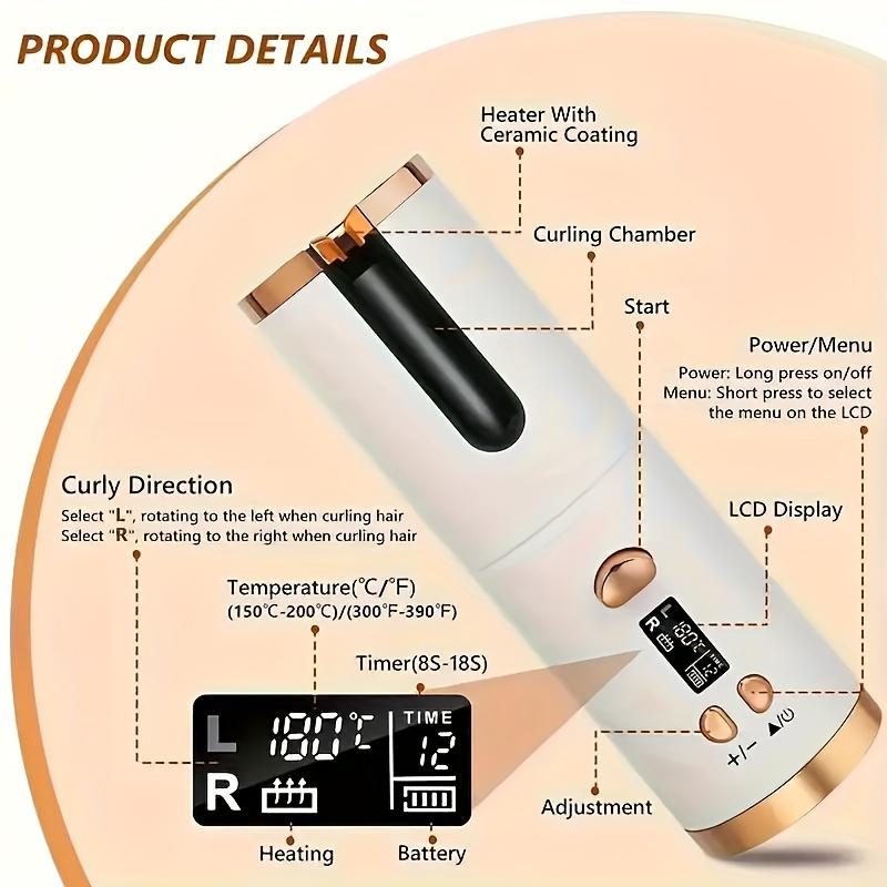 Automatic Wireless Hair Curler Cordless Rotating USB Rechargeable Curling Iron Display Temperature Adjustable Hair Curler