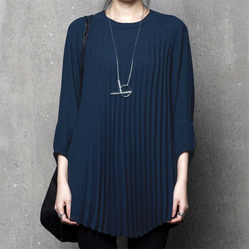 ZANZEA Женская повседневная блузка с длинным рукавом и круглым вырезом, свободная, плиссированная