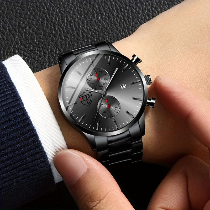 4pcs/set Simple Hands Round Black Quartz Watch and Black Cross Pendant Necklace, Ring, Bracelet Set, Gift To Him