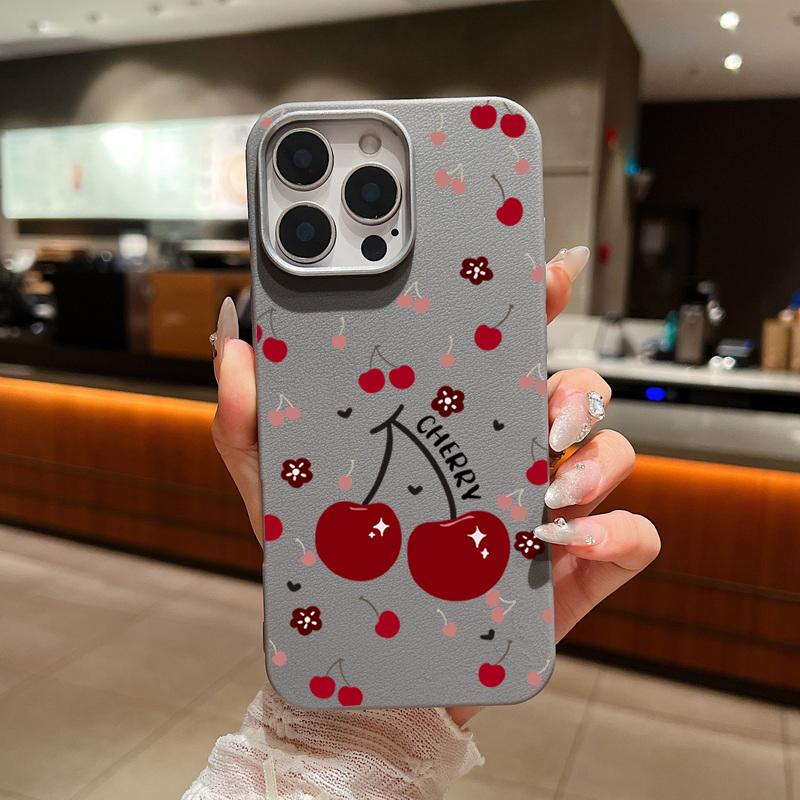 Cherry Patterned Phone Case for iPhone 16 Pro 15 14 Plus 13 12 Pro Max 11 Shockproof Leather Texture Soft Tpu Slim Matte Case Cover