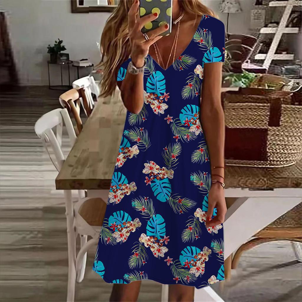 Летняя мода женские V-образный вырез короткий рукав цветочный принт платье сексуальные короткие юбки платья