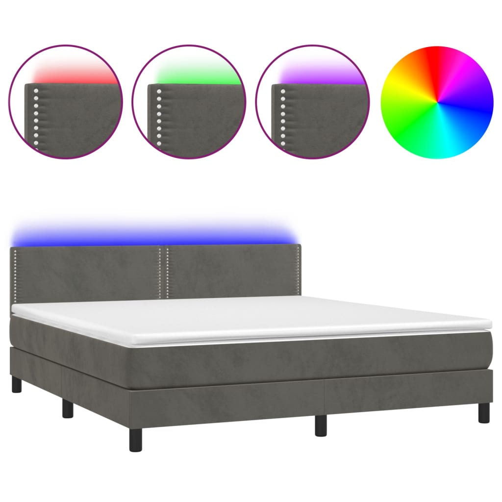 Box Spring Bed with Mattress & LED Lights Dark Grey 160x200 cm Velvet