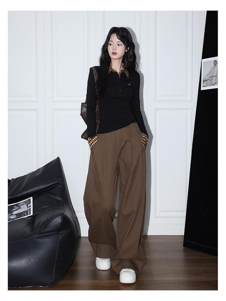 Женский осенний приталенный топ в клетку, имитация двойки, с длинным рукавом и воротником поло