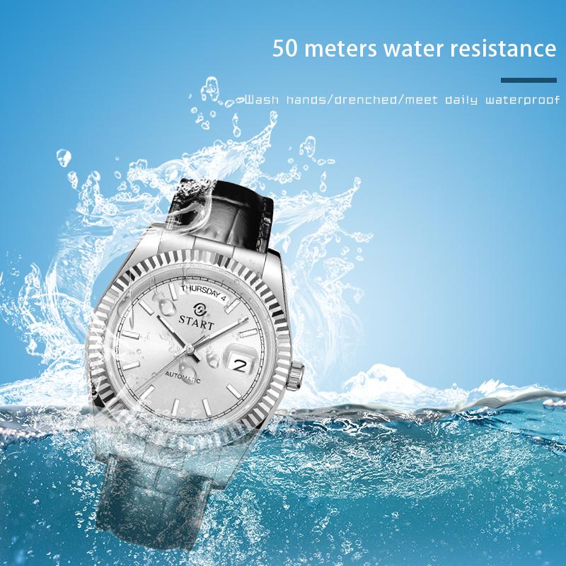 Start Мужские автоматические механические часы со светящимся часовым маркером, модные повседневные мужские часы, кожаные часы с функцией календаря недели
