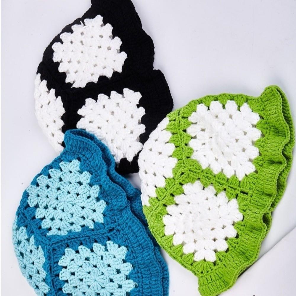 Colorful Patchwork Fisherman Hat Lotus Leaf Edge Handmade Knit Hat Autumn Winter Outings