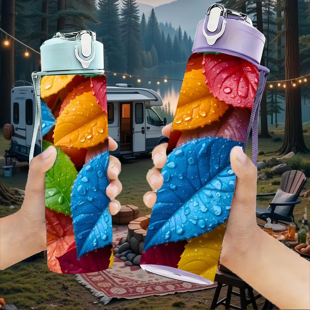 1PC Autumn Colorful Fall Leaf Print 750ml Color Plastic Sports Water Bottle Leakproof Flip Straw Lid Suitable for Sports Office Home Use