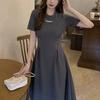 French Style Vintage Hollow Out Dresses Summer Elegant A-Line Waist Female Clothing Stylish Zipper Casual Solid Color Midi Dress