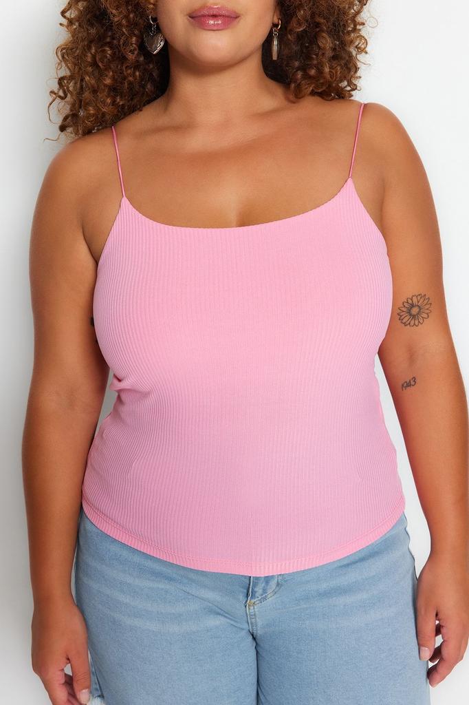 Women's Style Plus Size Pink Strap Crop Knitted Blouse