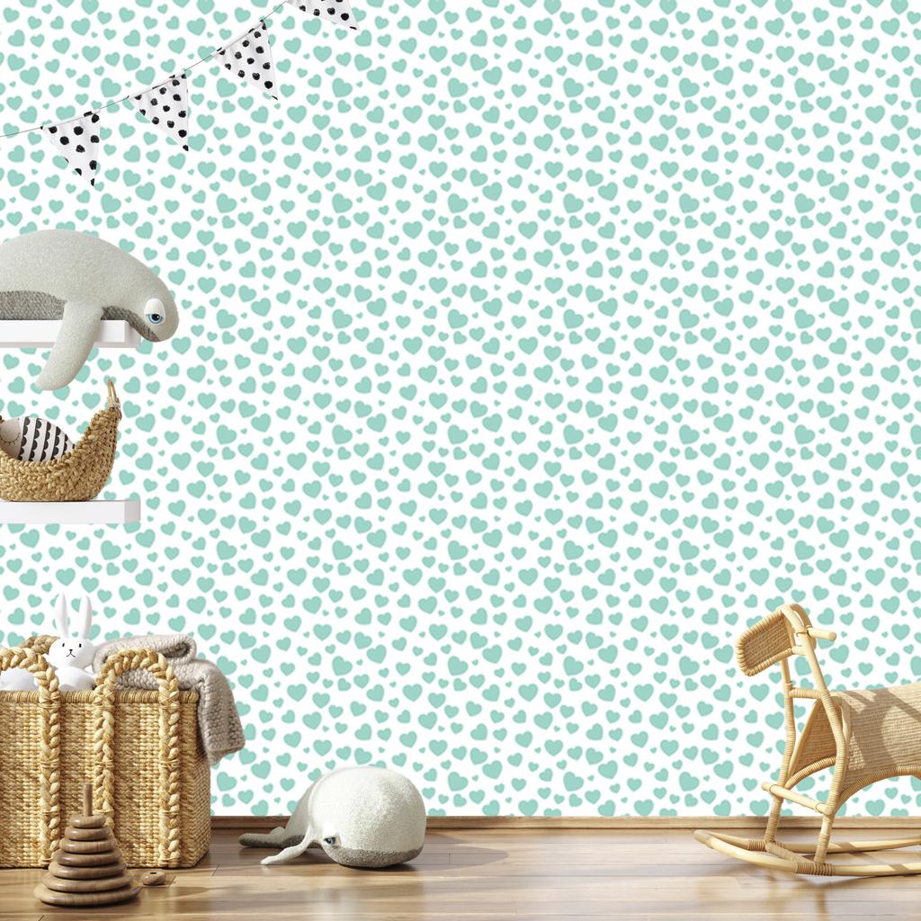 Hearts Wallpaper White and Mint 50x1000