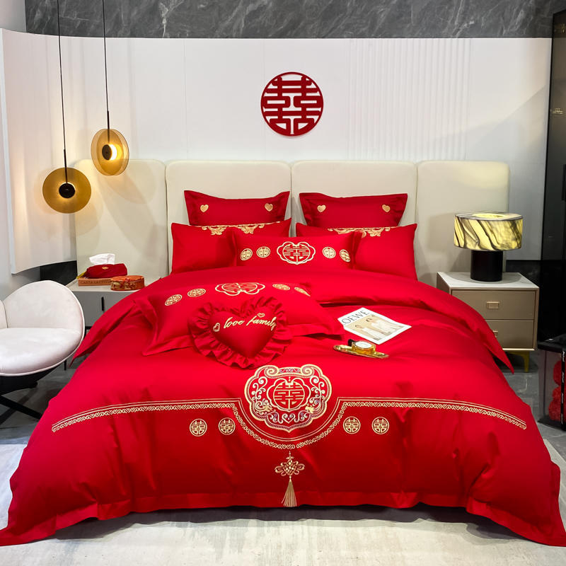 Комплект из четырех предметов с свадебной вышивкой, красное свадебное одеяло, постельное белье, свадебное пододеяльник, простыни, постельное белье для молодоженов, комплект из шести предметов для свадебной кровати