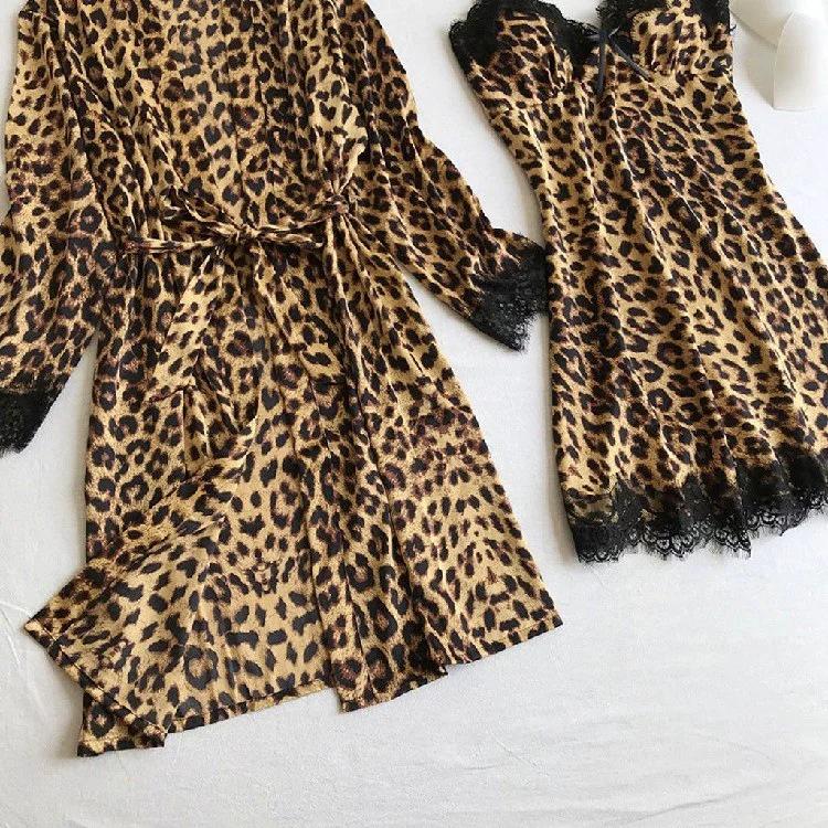 Европейско-американский пижамный комплект с принтом черной леопардовой шкуры и кружевной отделкой