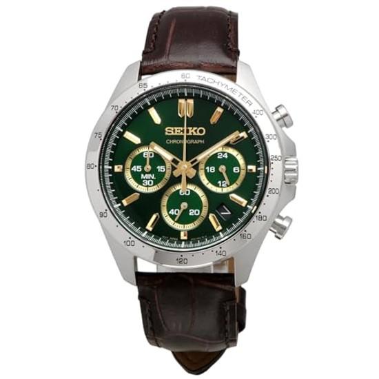 Seiko Мужские кварцевые наручные часы с секундомером 1/5 секунды SBTR017 Зелено-коричневый кожаный ремешок
