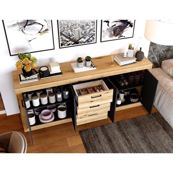 Buffet INDUS Mélaminé chêne et noir - 4 portes + 3 tiroirs - Style industriel - L 206 x P 45 x H 83,5 cm STONE