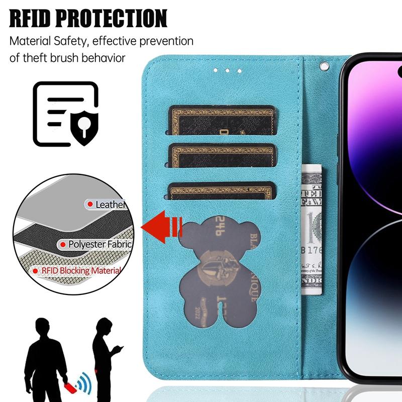 Embossing Butterfly Skin Feel Leather Wallet Case with Cartoon Bear Photo Frame for iPhone Samsung Xiaomi Huawei OPPO Stand Holder Magnetic Flip Cover