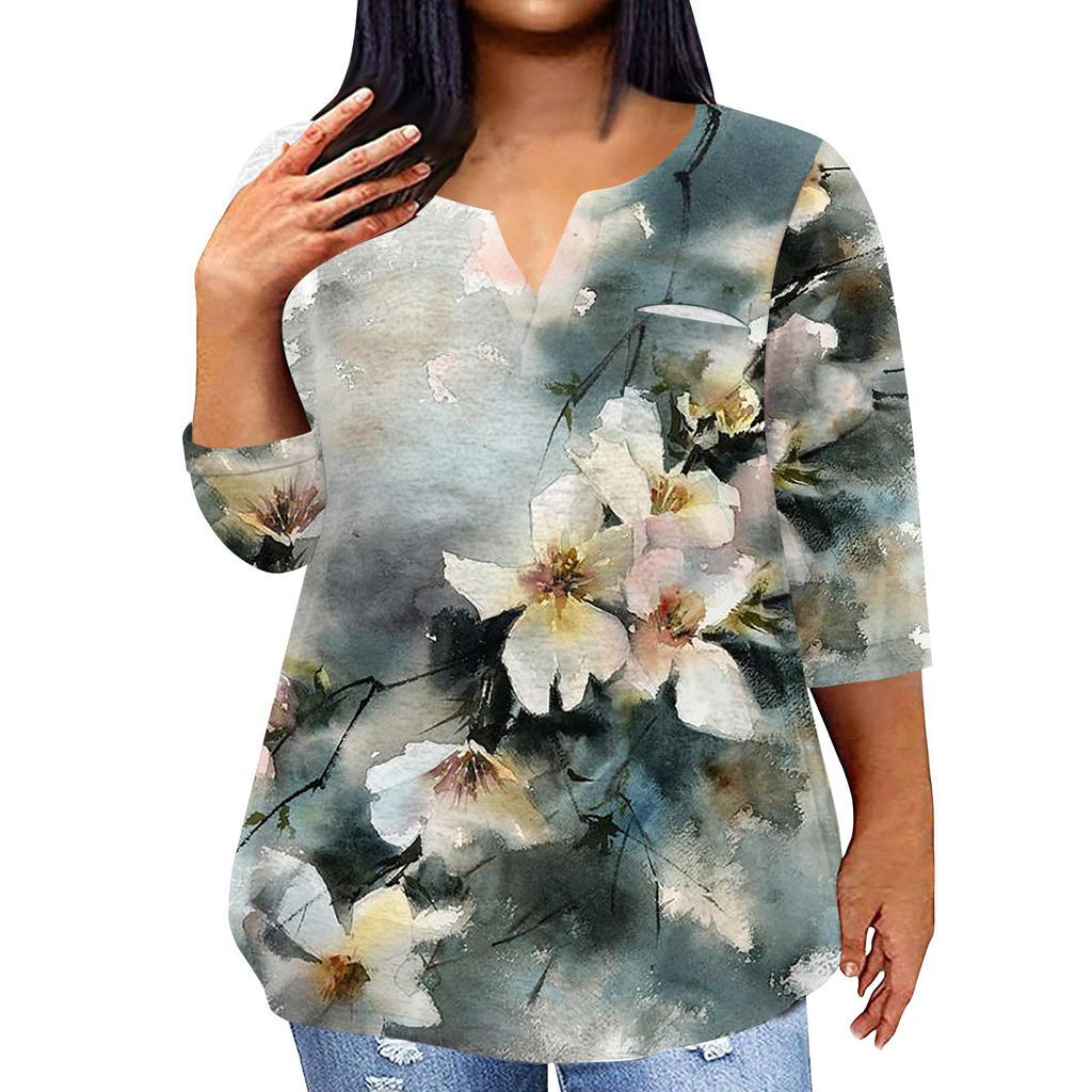 Женский модный повседневный пуловер с рукавами три четверти и V-образным вырезом с принтом, топ с рукавами 4/3