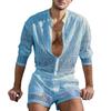 1 Set Popular Men Outfit Sexy Men Top Shorts Hollow Out See Through Crochet Shirt Shorts  Single Breasted