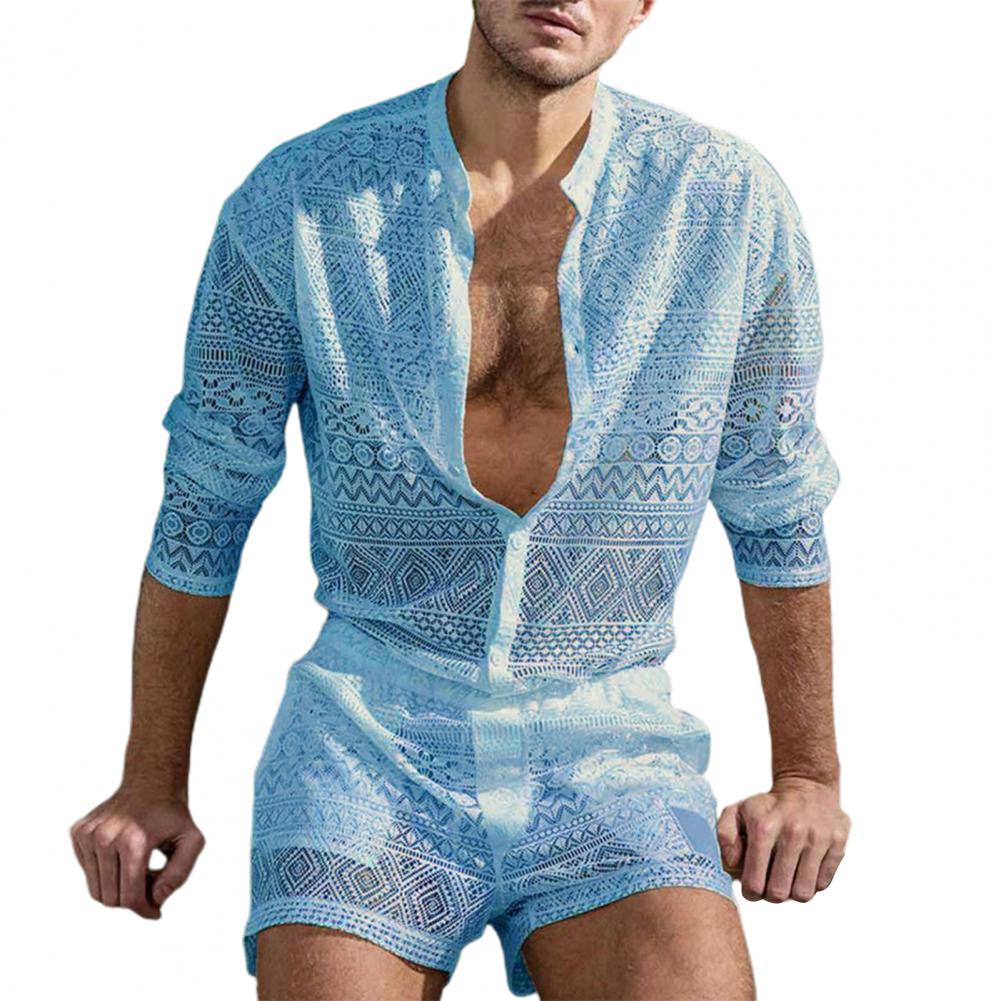 1 Set Popular Men Outfit Sexy Men Top Shorts Hollow Out See Through Crochet Shirt Shorts Single Breasted
