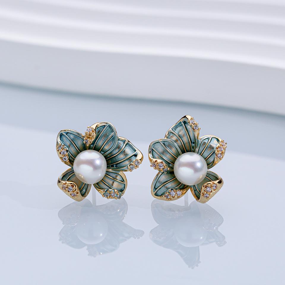 Серьги-пусеты из натурального пресноводного жемчуга, лепестки цветка, 8 капель масла, роскошные серьги высокого класса