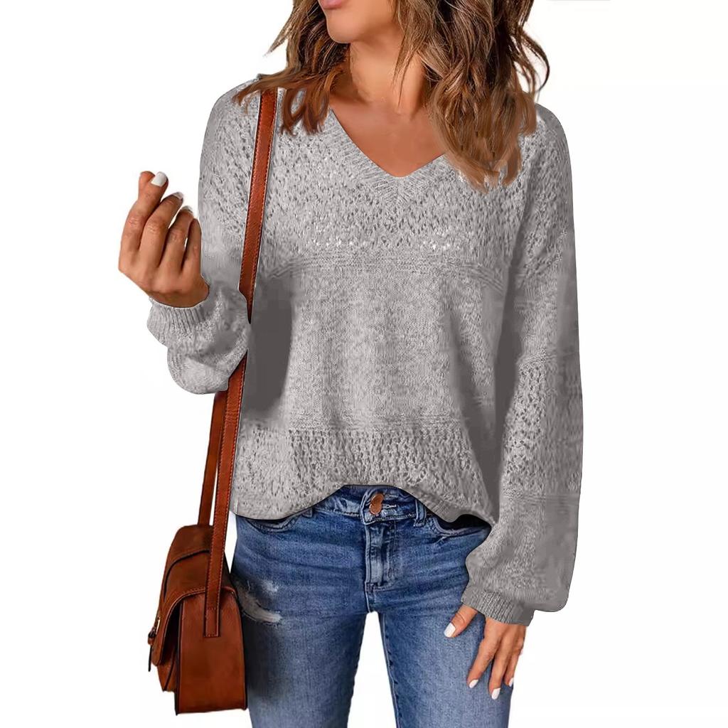 Модный свитер женский осенний однотонный пуловер свободный V-образный вязаный топ