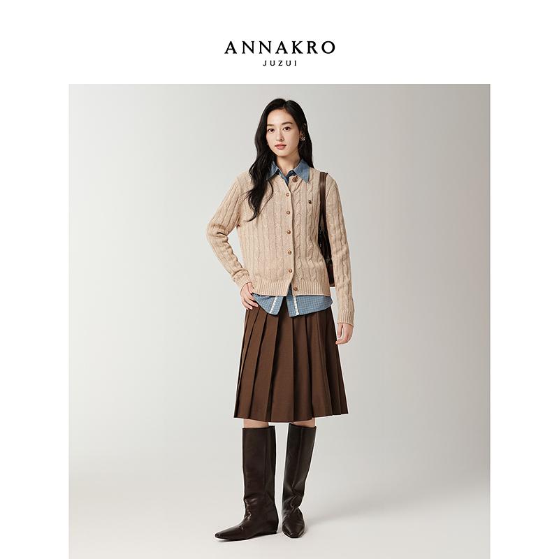 Jiuzi Anna Kou Temperament Old Money Style Round Neck Twisted Flower Cotton Wool Long-Sleeved Cardigan Sweater