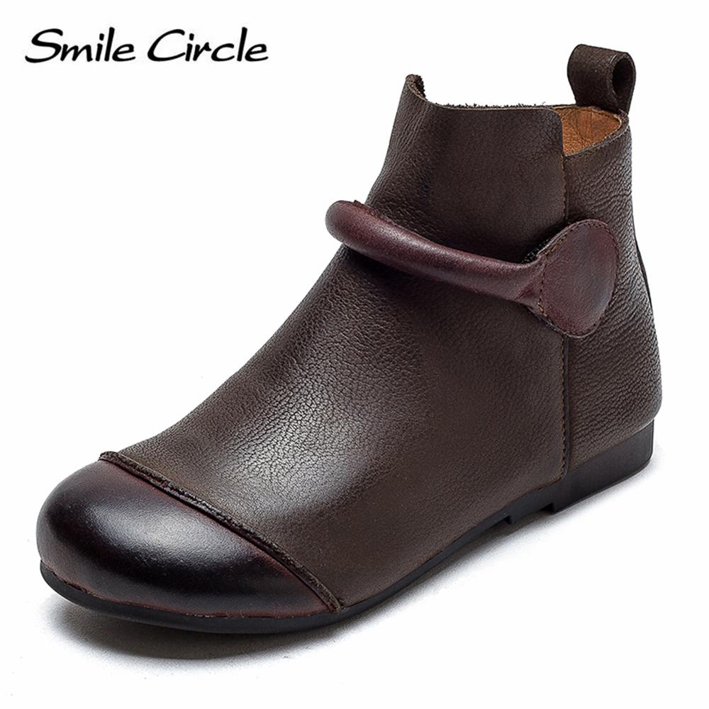 Женские ботинки из натуральной кожи, ботильоны с круглым носком и боковой молнией, модные удобные туфли на плоской подошве