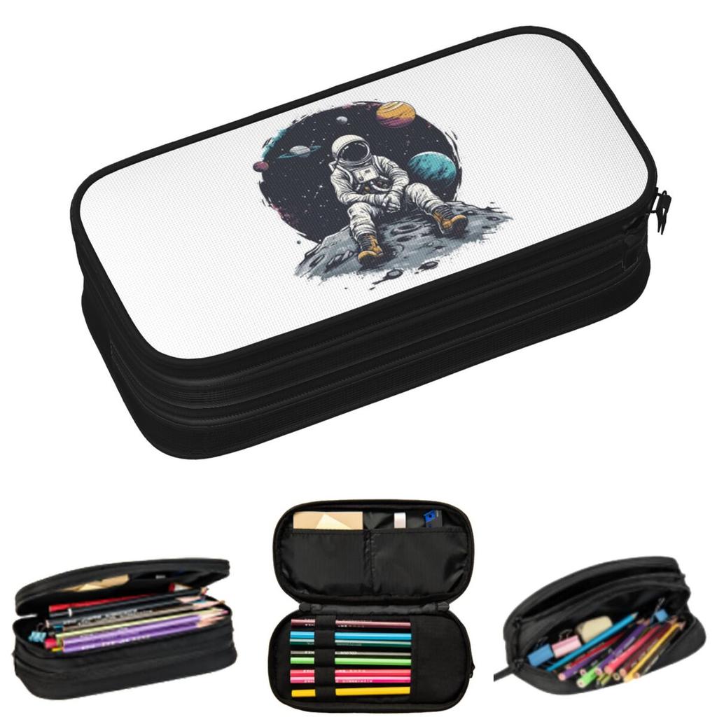 Cartoon Astronaut Sitting On Rocks Print Pencil Cases for Student Gifts Pen Box Pencil Bag Large Storage Pencil Pouch