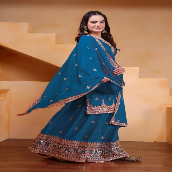 Elegant Silk Embroidered Sharara Set with Dupatta