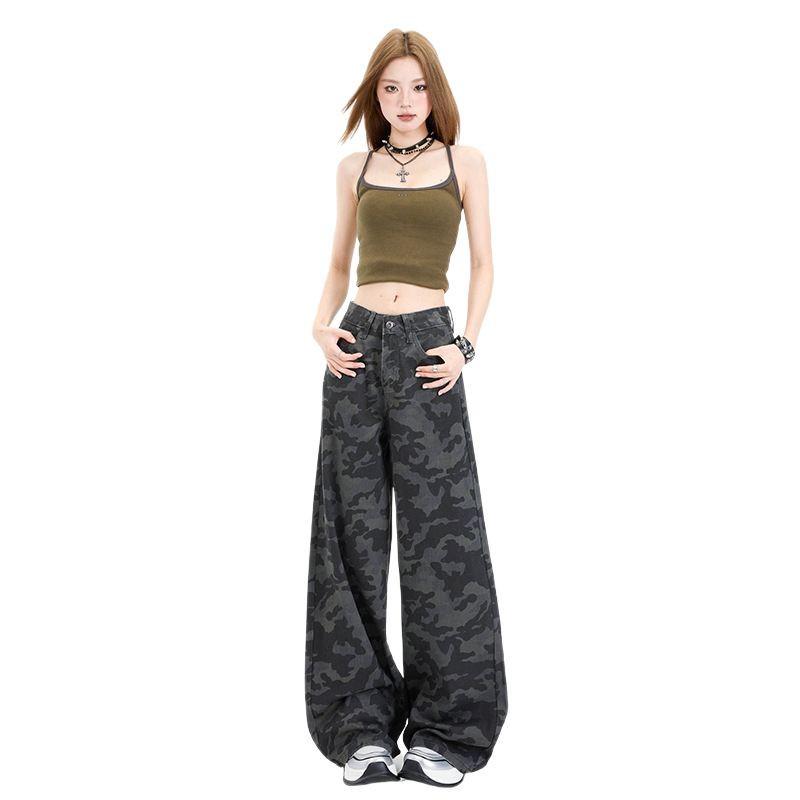 Women's American-Style High Waist Camouflage Wide-Leg Denim Trousers - Summer 2025 Casual Wear