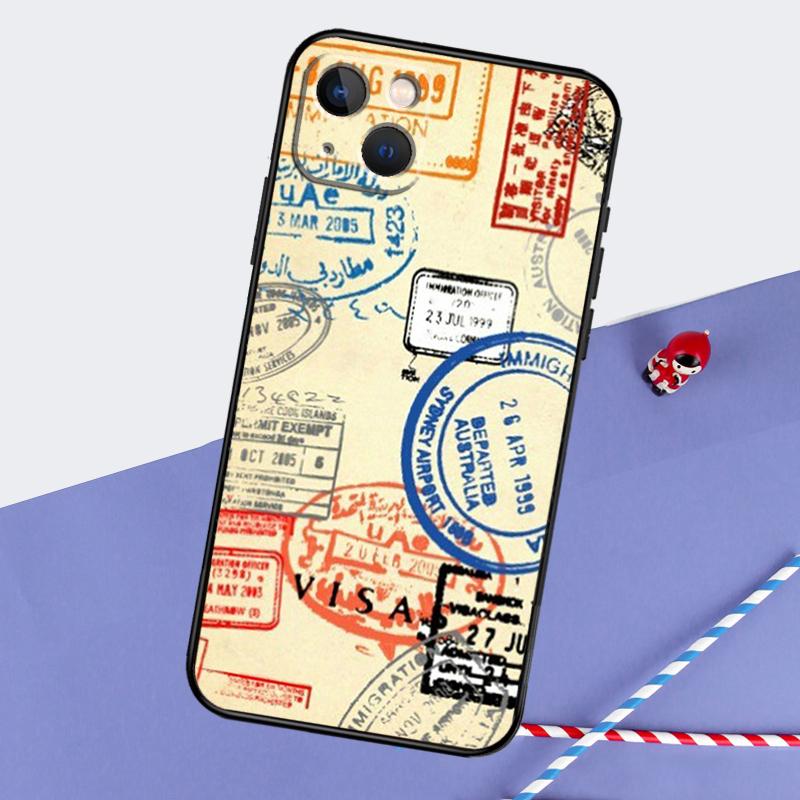 Retro Post Card Passport Stamps Phone Case For iPhone 16 Pro 15 Pro 11 12 13 14 Pro Max Mini XR 16e 15 16 Plus Cover Shell