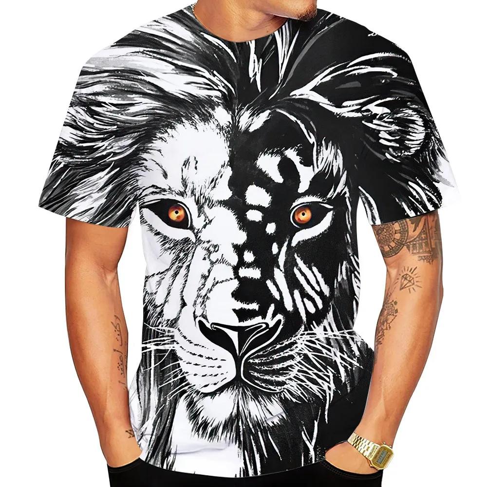 Летняя мужская футболка с принтом льва, свободная футболка с 3d короткими рукавами, мужская одежда, винтажная уличная футболка большого размера, модная футболка с круглым вырезом