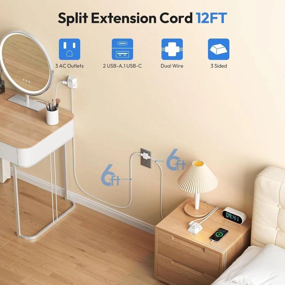 12FT Length Twin Extension Cord 2 USB-A Ports Split Power Strip Overload Protectio