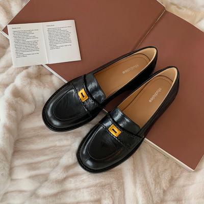 Ретро маленькие женские кожаные туфли из овчины с золотой пряжкой, ленивые туфли-лодочки на толстом каблуке