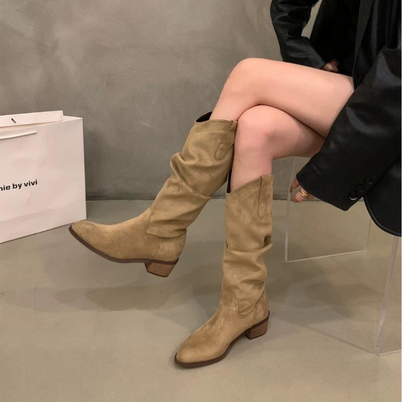Thick Heel Vintage Brown V-Mouth Pile Medium Boots Women's Shoes Summer Pointed Western Cowboy Boots