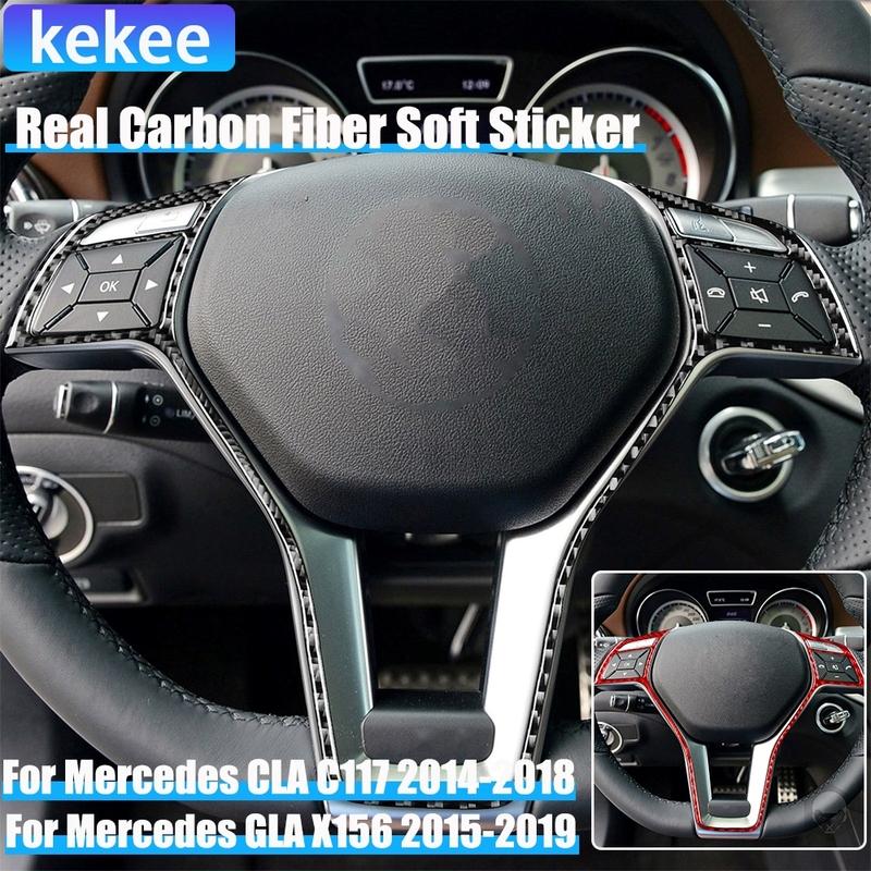 Real Carbon Fiber Car Accessories Driver Wheel Button Trim Cover Soft Sticker For Mercedes CLA C117 2014-2018 GLA X156 2015-