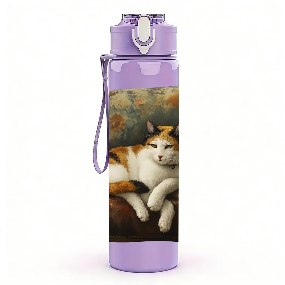 1PC Cat Resting On Cushion 750ml Color Plastic Sports Water Bottle Leakproof Flip Straw Lid Suitable for Sports Office Home Use