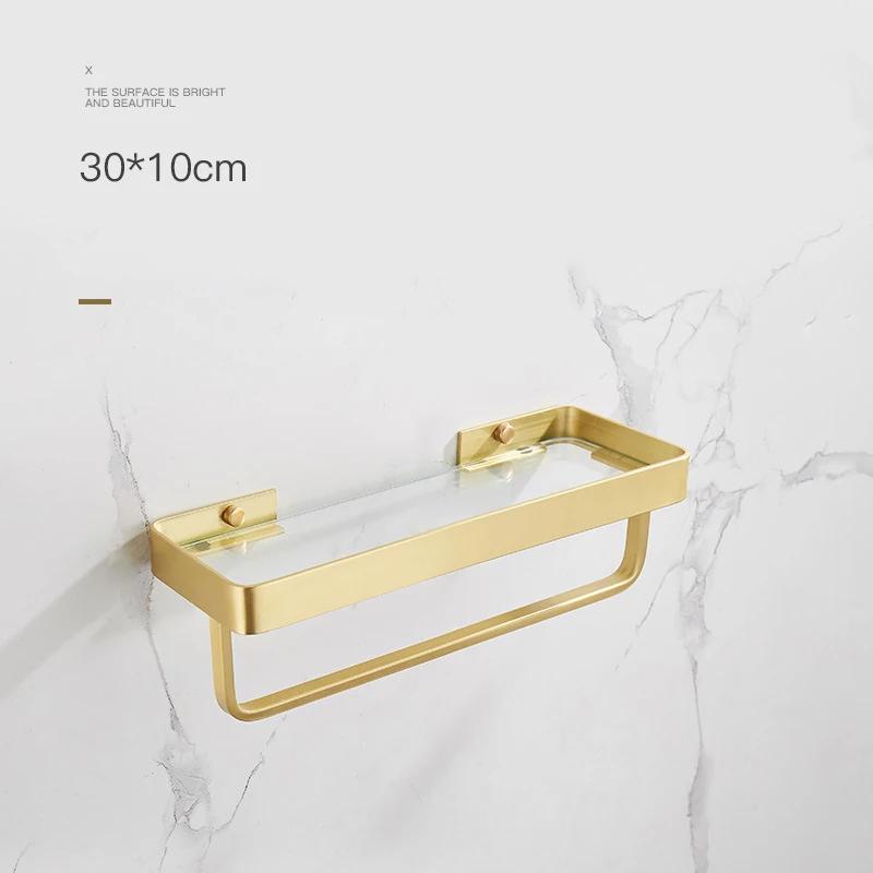 30-50CM Brushed Gold Glass Shelf Aluminum Bathroom Storage Holder Bath Shower Shelf Bathroom Shelf Mirror Wall Tray Towel Bar