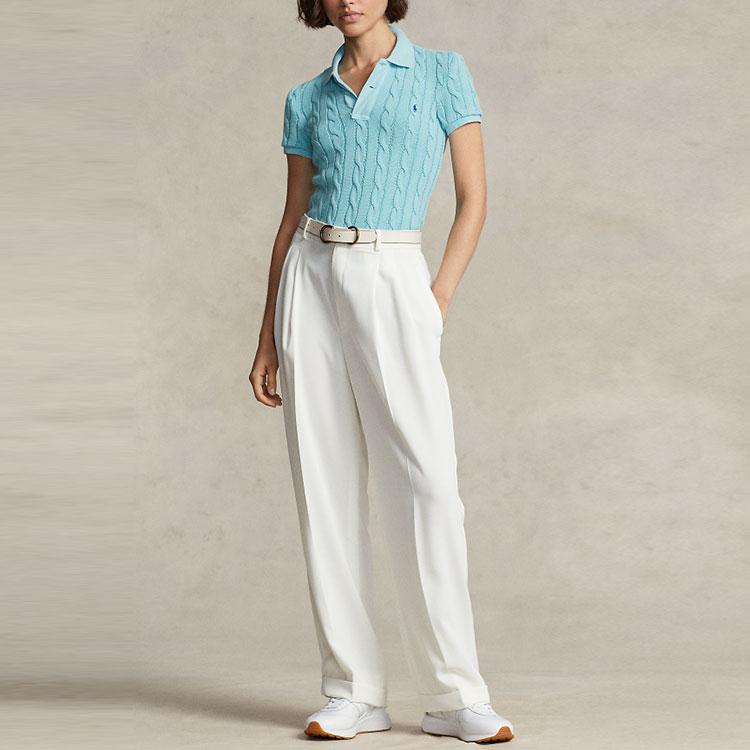 Polo Ralph Lauren SS23 Solid Cable Knit Polo Shirt Short Sleeves Women tops Blue WMPOKNINCU20643-300