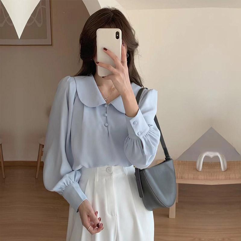 Женская винтажная рубашка, французский сладкий топ с детским воротником, повседневная женская блузка для поездок на работу, темперамент