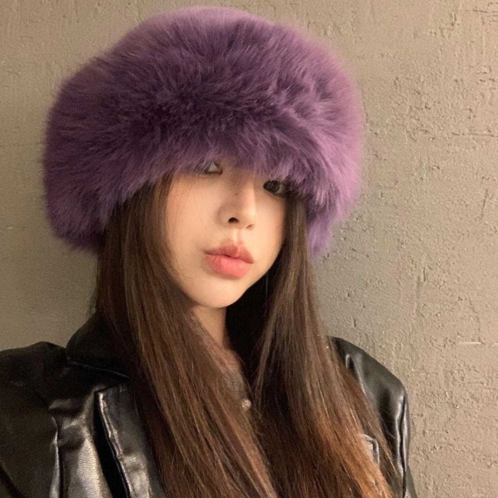 Korean Luxury Plush Hat Thicken Winter Fluffy Hats Fashion Faux Fur Bucket Hat Lady