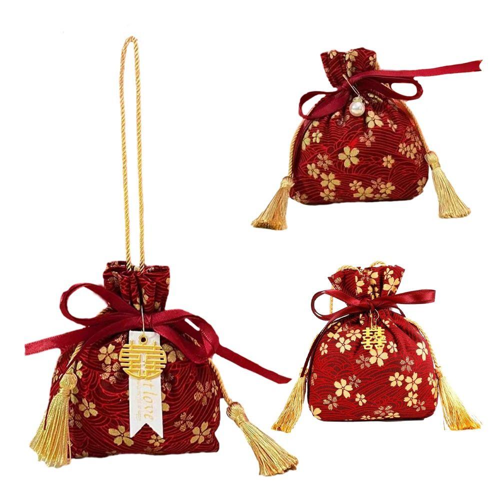 Pearl Pendant Canvas Flower Drawstring Bag Stripe Bowknot Floral Tassel Handbag Female/Girls